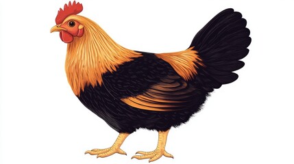 Fototapeta premium Charming small chicken illustration featuring vibrant plumage on a clean white background.