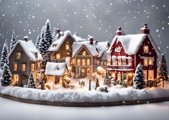 Small mini village covered in snow with bright lights shining from the houses on white light background