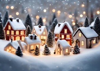Small mini village covered in snow with bright lights shining from the houses on white light background