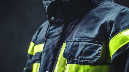 Reflective firefighter suit fabric close-up, textured safety gear, industrial environment.