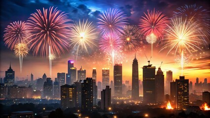 Enchanting Silhouette of a City Skyline Celebrating New Year 2018 with Fireworks Lighting Up the Night Sky, Symbolizing Hope and New Beginnings for the Future