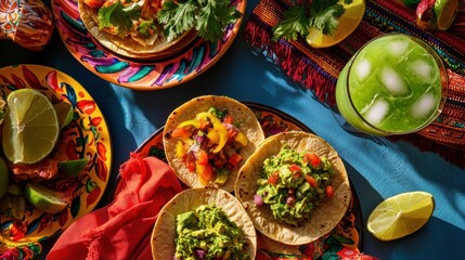 Colorful mexican taco feast on a vibrant table beautifully arranged lively home setting inviting atmosphere for food lovers