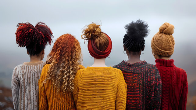Sisterhood on the Summit: Five women stand shoulder-to-shoulder, showcasing diverse hairstyles and autumnal knitwear, their backs to the camera as they gaze out at a misty mountain vista.