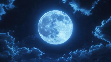 Full moon close-up against a dark night sky, surrounded by soft clouds, highlighting lunar surface details, celestial, astronomy, nature, night photography.