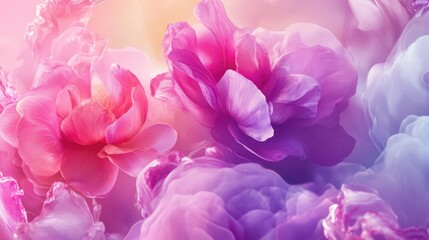 Obraz premium Delicate pink and purple blossoms blending softly in an ethereal floral arrangement with gentle hues and dreamlike background.