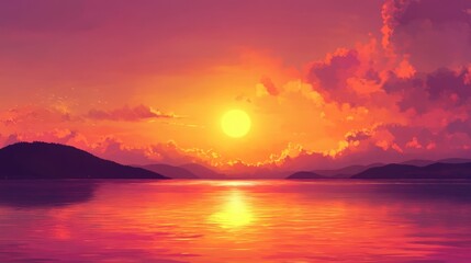 Vibrant morning sunrise featuring a colorful sky with shades of yellow, orange, and pink over calm water, providing a romantic golden hour atmosphere, nature, landscape, summer.