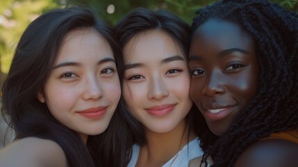 Fototapeta premium Three women with different hair types and skin tones are smiling for a photo