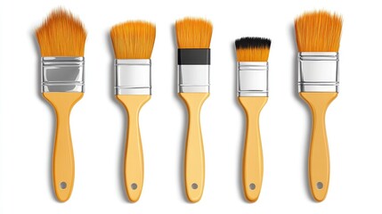 Set of five colorful renovation brushes with paint isolated on a clean white background for home improvement and DIY projects