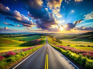 Endless Highway Stretching Through a Scenic Landscape with Clear Skies, Perfectly Balanced Using the Rule of Thirds for Captivating Visual Appeal in Stock Photography