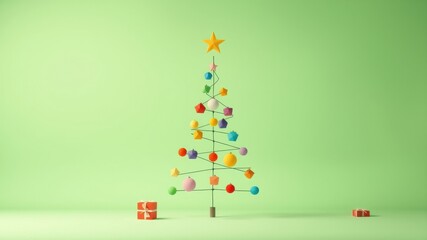 Fototapeta premium Abstract Minimalist Christmas Tree with Colorful Ornaments and Gifts on a Green Background