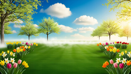 Fototapeta premium A Vibrant Spring Nature Backdrop with a Pristine Scenic View