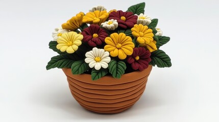 Fototapeta premium Colorful mini Gerbera flower arrangement in a clay pot featuring vibrant yellow, red, and white blooms with green foliage.