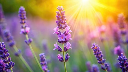 Obraz premium A single lavender blossom basking in the golden glow of the afternoon sun, its purple petals catching the light and radiating a sense of tranquility and peace.