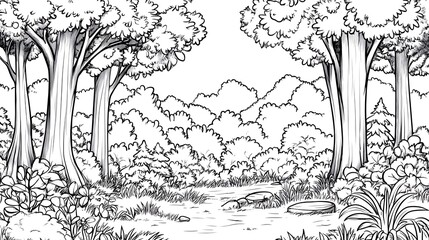 Forest scene coloring page, children's book, black and white outline 