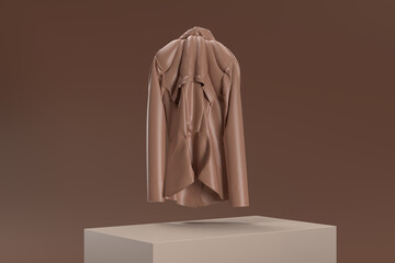 A brown jacket is shown in a 3D rendering, with a brown background
