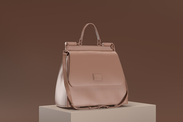 A brown purse with a gold chain strap sits on a brown surface