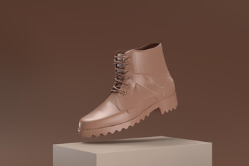A shoe is shown in a 3D rendering, with a brown color and a brown background