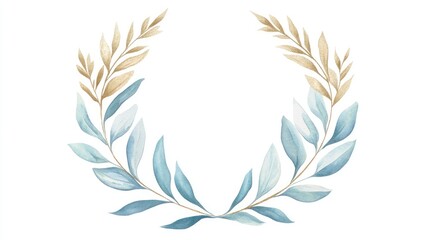 Geometric blue eucalyptus wreath with golden accents elegant botanical design for wedding invitations stationery and greeting cards embellishments