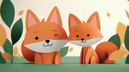 Obraz premium Charming 3D Fox Characters Surrounded by Colorful Leaves in a Playful Nature Scene