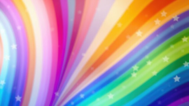 A vibrant rainbow background with blurred stripes and a subtle sprinkling of white stars.