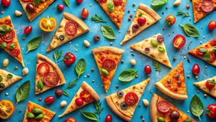 A vibrant blue background with a mix of fresh and savory ingredients, including pizza slices topped with melted cheese and fresh tomatoes.  A tempting visual of a colorful culinary masterpiece.