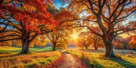A path leading through a field of golden autumn leaves, bathed in the warm glow of the setting sun, with majestic trees casting long shadows