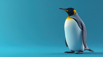 Fototapeta premium King penguin standing gracefully against a vibrant blue backdrop showcasing its distinctive features and colors