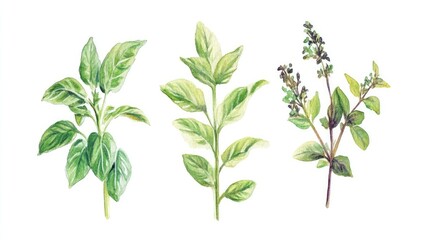 Obraz premium Watercolor illustration featuring hand-drawn sweet basil branches, showcasing vibrant green leaves, highlighting its role as a healthy herb and spice for culinary use, food, natural ingredients, botan