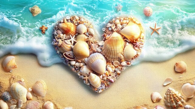 Seashells arranged in a heart shape on a sandy beach with ocean waves. A romantic summer scene.