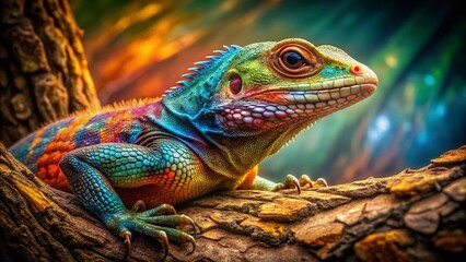 Fototapeta premium Enigmatic Double Exposure Photography of a Lizard Camouflaged on a Tree Trunk, Blending Nature's Beauty with Intricate Patterns and Textures for Stunning Visual Impact