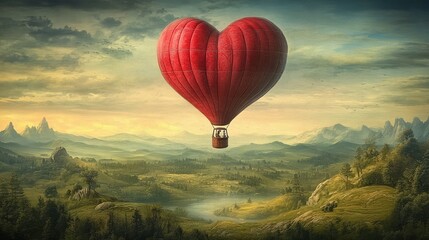 Obraz premium A heart-shaped hot air balloon floats serenely over a picturesque landscape, bathed in the soft glow of sunrise. A magical journey of love and adventure.