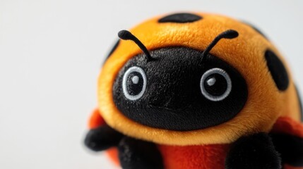 Close-up of a soft toy ladybug with vibrant colors on a white background ideal for children's product advertisements and playful themes.