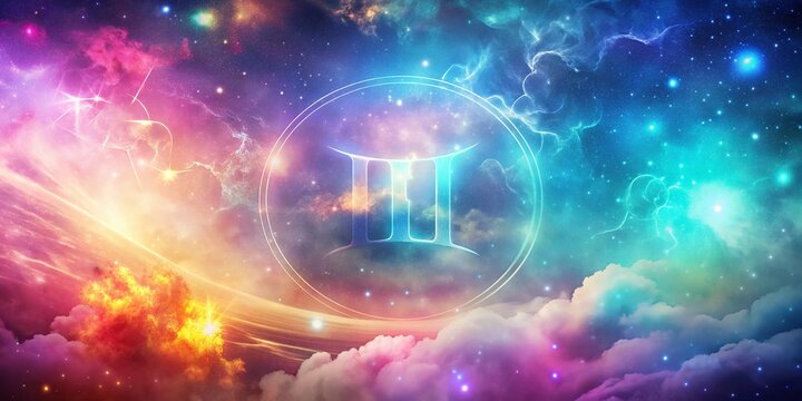 Enigmatic Gemini Zodiac Symbol Surrounded by Celestial Elements, Stars, and Mystical Colors with Ample Copy Space for Astrological Content and Creative Projects