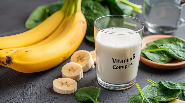 A refreshing glass of vitamin B complex milk surrounded by fresh spinach and ripe bananas, highlighting a healthy lifestyle.