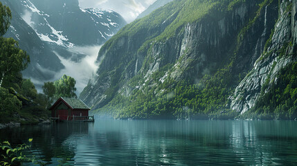 Fototapeta premium An idyllic Norwegian fjord with steep green cliffs