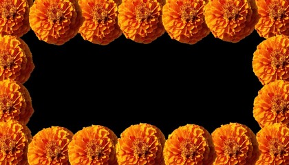 Vibrant Orange Marigold Frame on Black Background Copy Space for Día de los Muertos Decorations, Symbolizing Life, Death, and Memory, Ideal for Festivals, Invitations, or Digital Artwork
