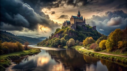 Obraz premium Enigmatic Scary Dark Castle Perched on a Hill Overlooking a Mysterious River at Dusk, Eerie Atmosphere with Dramatic Clouds and Shadowy Landscape, Perfect for Gothic Themes