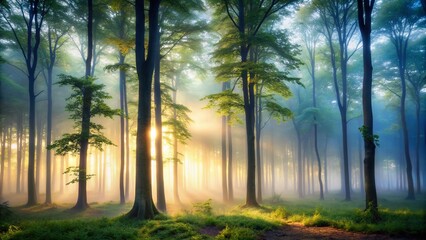 Obraz premium Enigmatic Silhouette of Trees in a Foggy Beech Forest, Capturing the Mystique of Misty Woodland Wilderness at Dawn