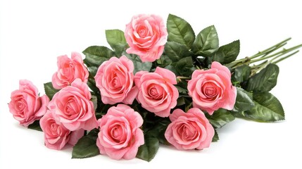 Obraz premium Elegant pink rose bouquet with lush green leaves on a bright white background showcasing natural beauty and floral artistry