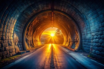 Naklejka premium Enigmatic Tunnel with Ethereal Light at the End, Capturing the Essence of Hope and Mystery in Silhouette Photography, Perfect for Inspirational Themes and Visual Storytelling
