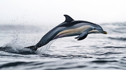 Fototapeta premium Dolphin jumping out of ocean, creating splashes, showcasing agility and grace. This stunning moment captures beauty of marine life in its natural habitat