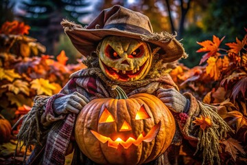 Enormous Scary Pumpkin with Arms Surrounded by a Halloween Scarecrow in a Spooky Outdoor Setting Capturing the Essence of Fall Festivities and Halloween Nightmares