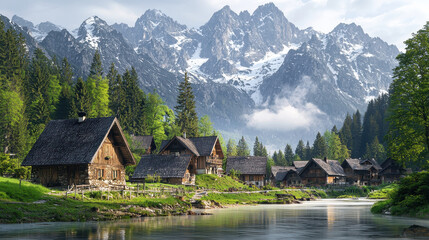 Fototapeta premium serene mountain village in Alps, surrounded by lush greenery and majestic peaks. tranquil river reflects stunning landscape, creating picturesque scene