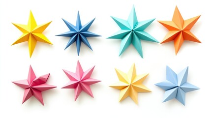 Obraz premium Colorful origami paper stars arranged in a grid on a clean white background emphasizing creativity and decorative design elements