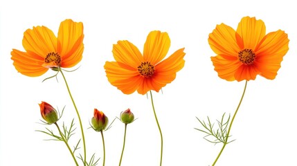 Obraz premium Vibrant orange cosmos flowers arranged artistically on a bright white background showcasing their natural beauty and intricate details