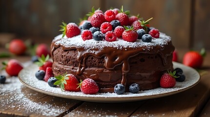 Delicious Chocolate Cake Slice with Berries and Powdered Sugar, Generative AI