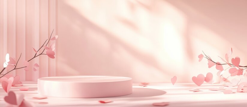 Pastel pink stage mockup with paper hearts and a round podium for cosmetic product display on a soft lit background with ample space for text