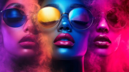 Vibrant Women With Sunglasses - Three women, vibrant colors, sunglasses, smoke, stylish, fashion © AI Photo Stock