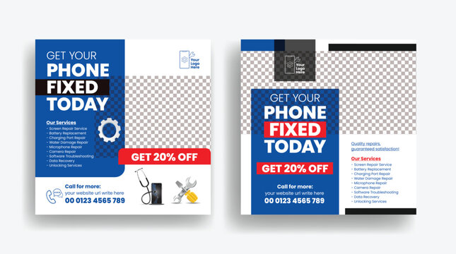 Set of editable social media posts, banners, and ad templates for  Phone repair, Electronics gadget repair service, or promotional repair service marketing web banner template design