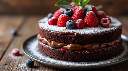 Delicious Chocolate Cake Slice with Berries and Powdered Sugar, Generative AI